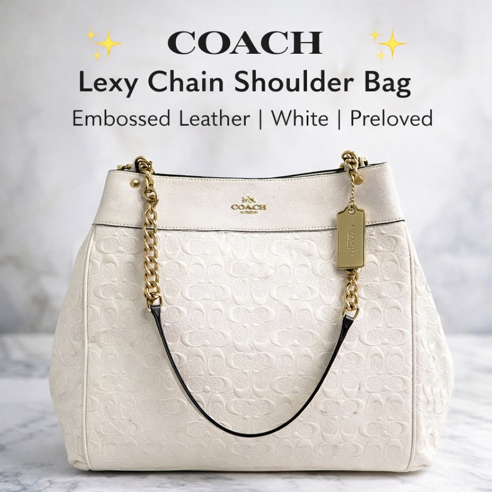 Luxury Coach Lexy Chain Shoulder Bag – White Embossed Leather Elegant Classic - Picture 1 of 9